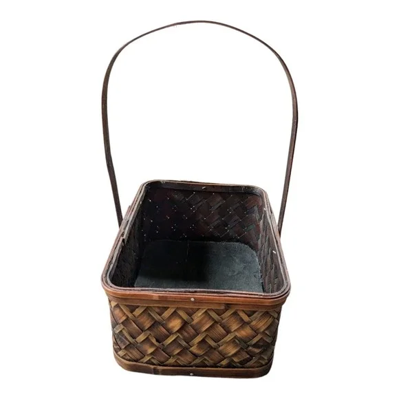 Wood Woven Basket with Handle Two Toned  Rectangular - Picture 5 of 8